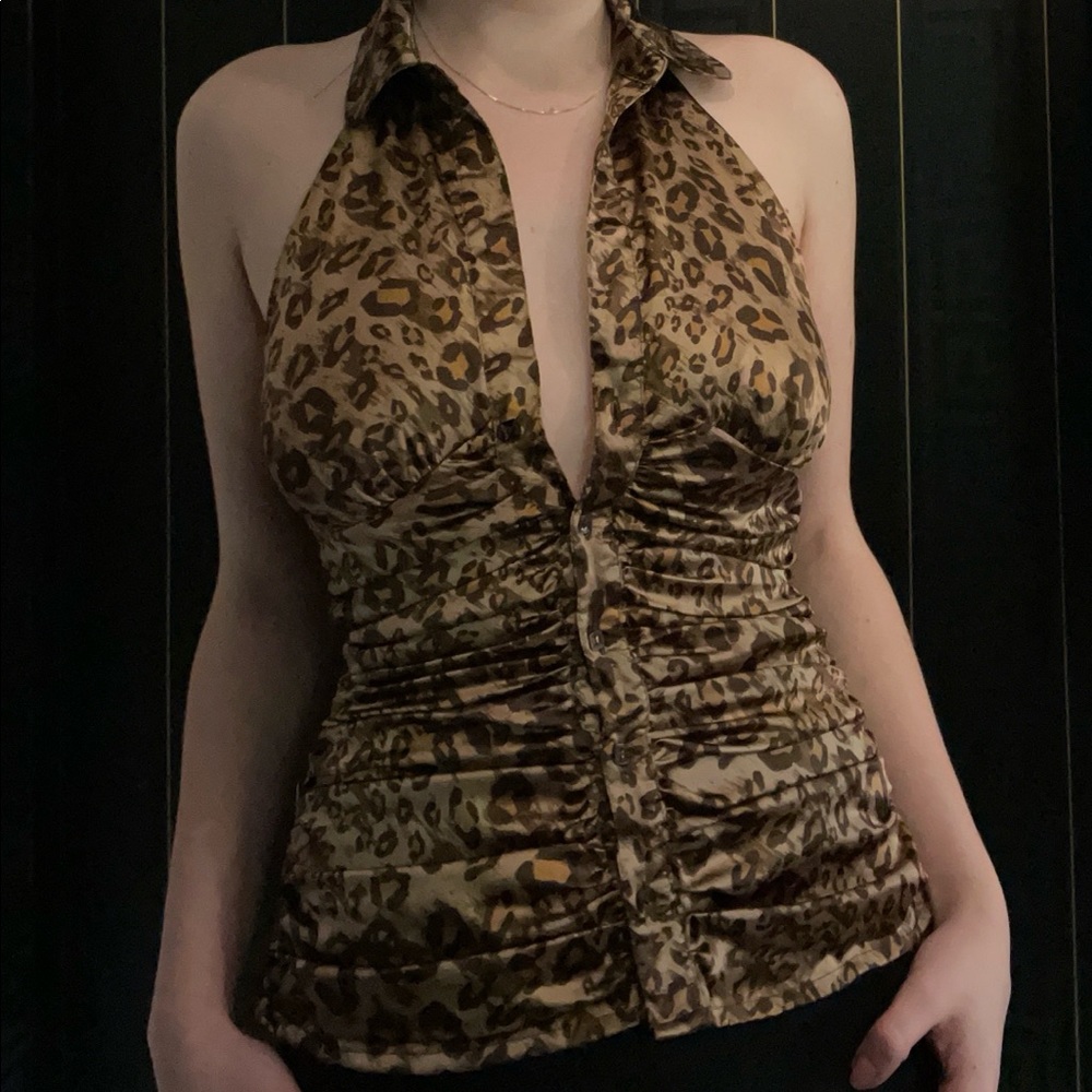 Guess Cheetah Print Satin Button Up Halter Top